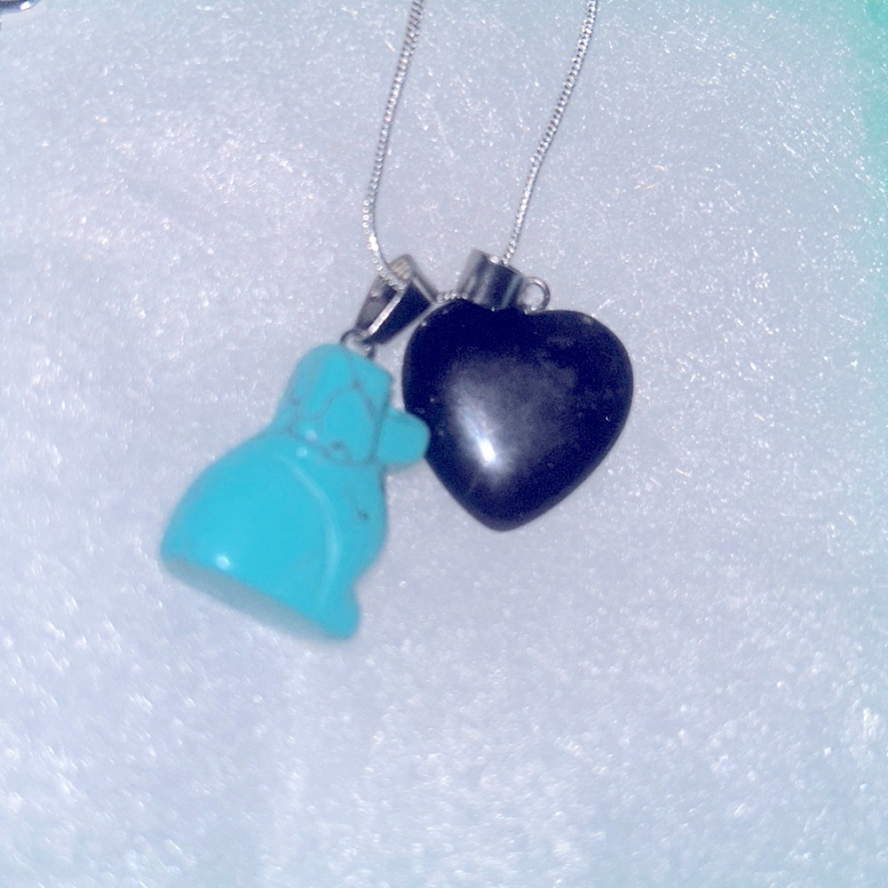 Boho Hippie Turquoise Dog and Onyx Heart ❤️ Sterling Silver Necklace 16”